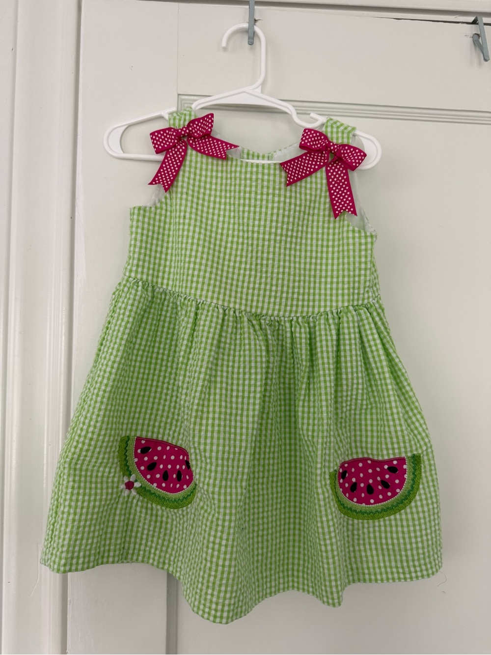 Rare Editions Lime Gingham Dress with Pink Ribbon Bows